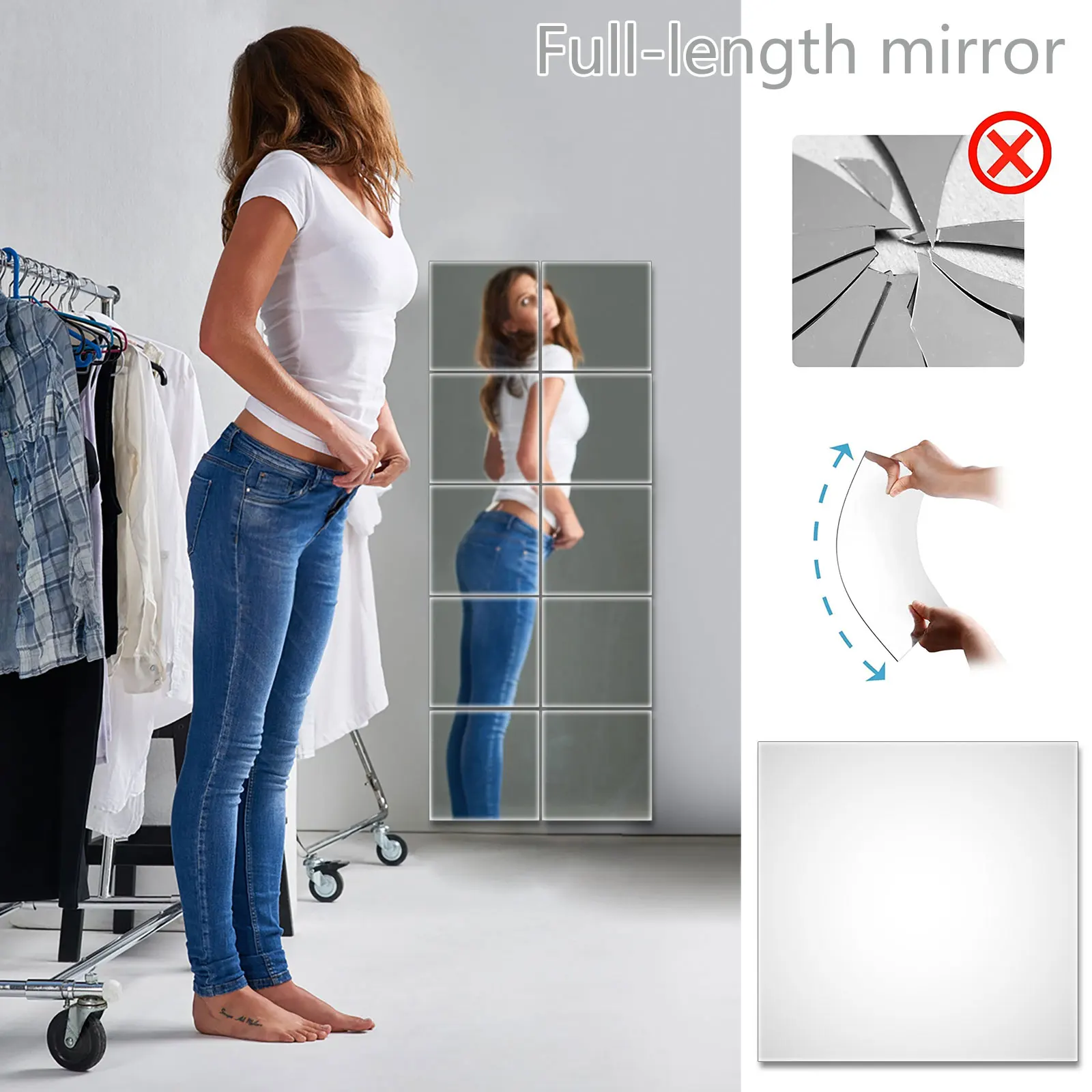 Feuilles de miroir auto-adhésives flexibles sans verre, 10/20 pièces, pour bricolage, carreaux de miroir pour chambre à coucher, porte et salle de bain