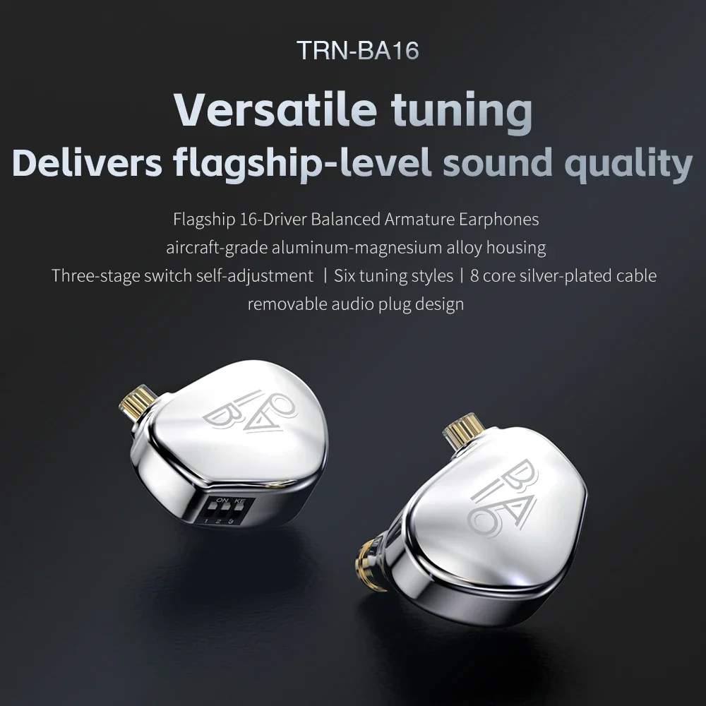 TRN BA16 Flagship 16 Balanced Armature Drivers HIFI In-ear Earphones Wired with Tuning Switch Cancelling Earbuds Bass Headset