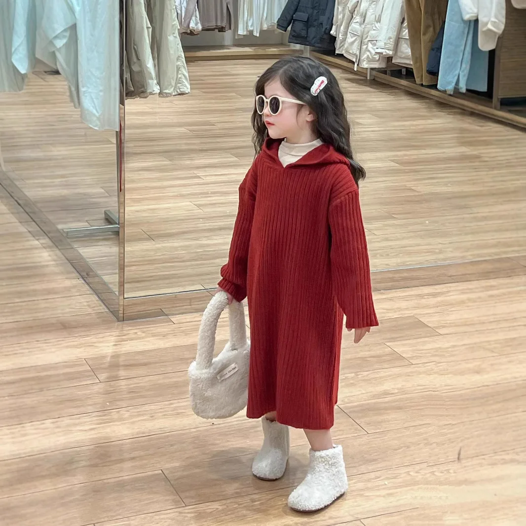 

24 winter kids girls red hooded thickened medium and long wool dress knit sweater dresses