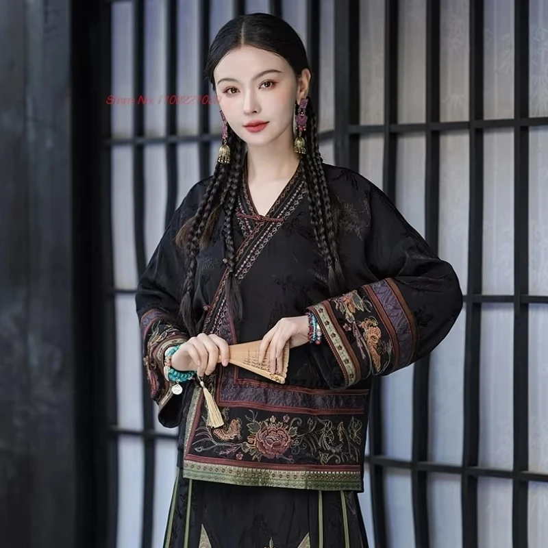 

2025 traditional chinese vintage coat national flower embroidery improved v-neck folk jacket oriental satin jacquard hanfu tops