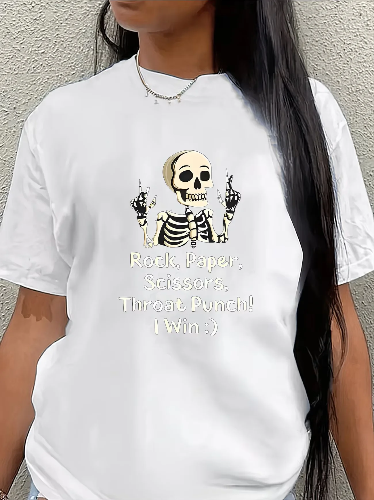 Funny Skeleton Rock Paper Scissors Throat Punch T-Shirt Women Summer Short Sleeve Graphic Tee Casual Loose Tops Streetwear Tee