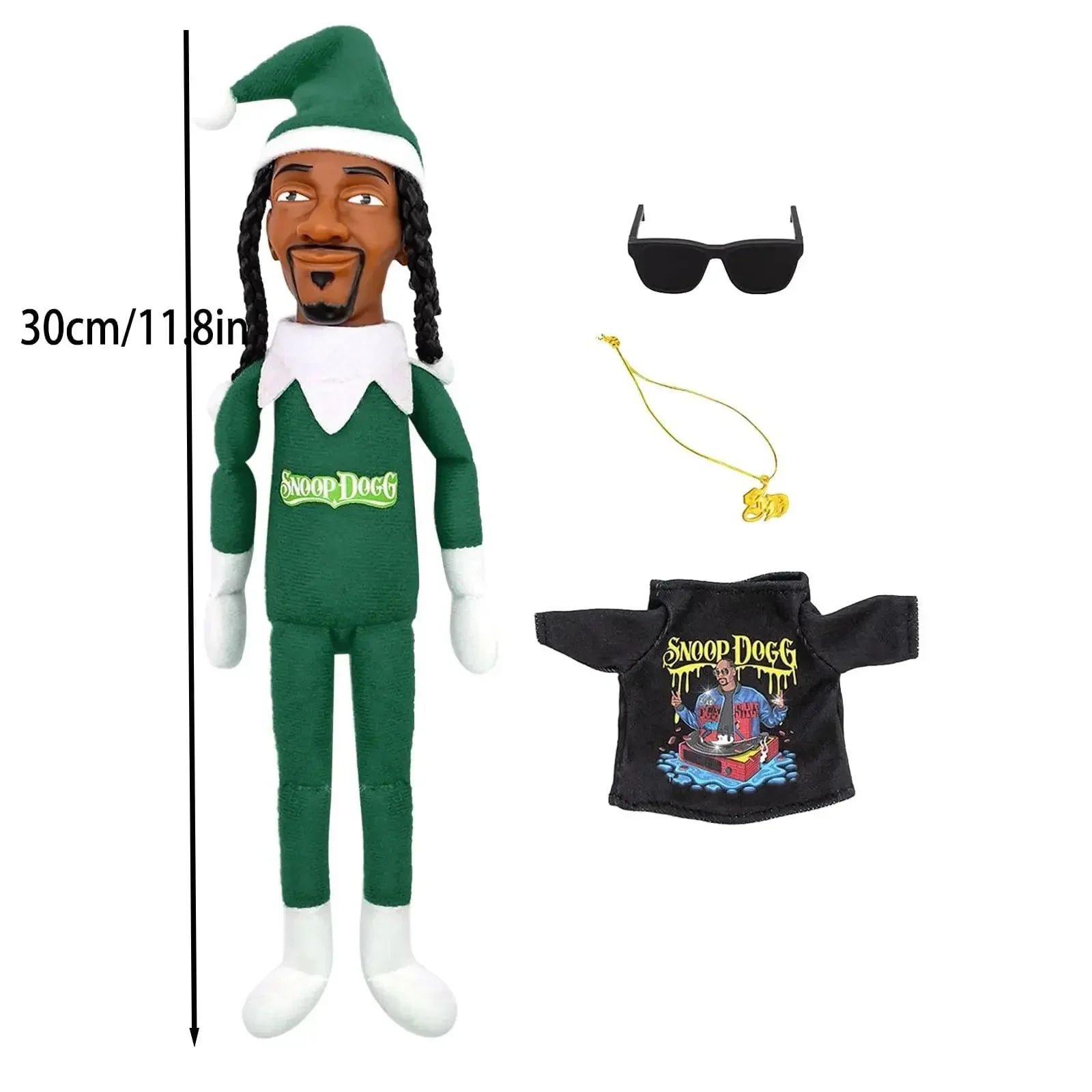 Snoop Stoop 2025 pluszowy, 12 "figurka elfa, okulary przeciwsłoneczne, złoty łańcuszek, pluszowy brzeg bożonarodzeniowy do dekoracji domu na imprezę festiwalową (czerwony)