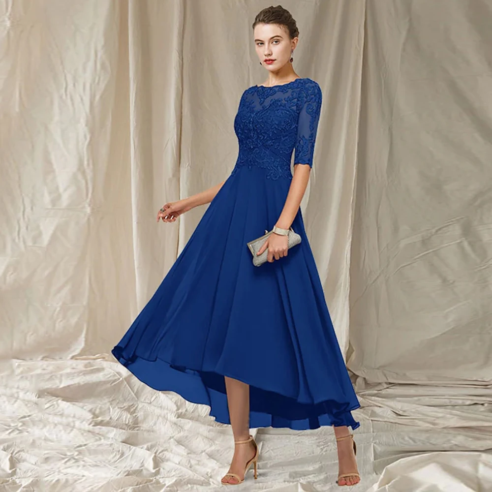 

Simple Chiffon Guest Party For Weddings Half Sleeves Mother Of The Bride Dresses Woman Tea Length Scoop Neck Vestido De Novia