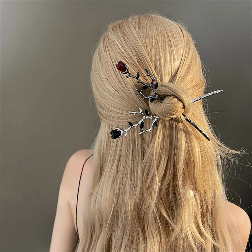 Vintage Metal Red Rose Flower Hairpins Women Elegant Texture New Chinese-style Chopstick Hair Stick Girls Hair Accessories Tools