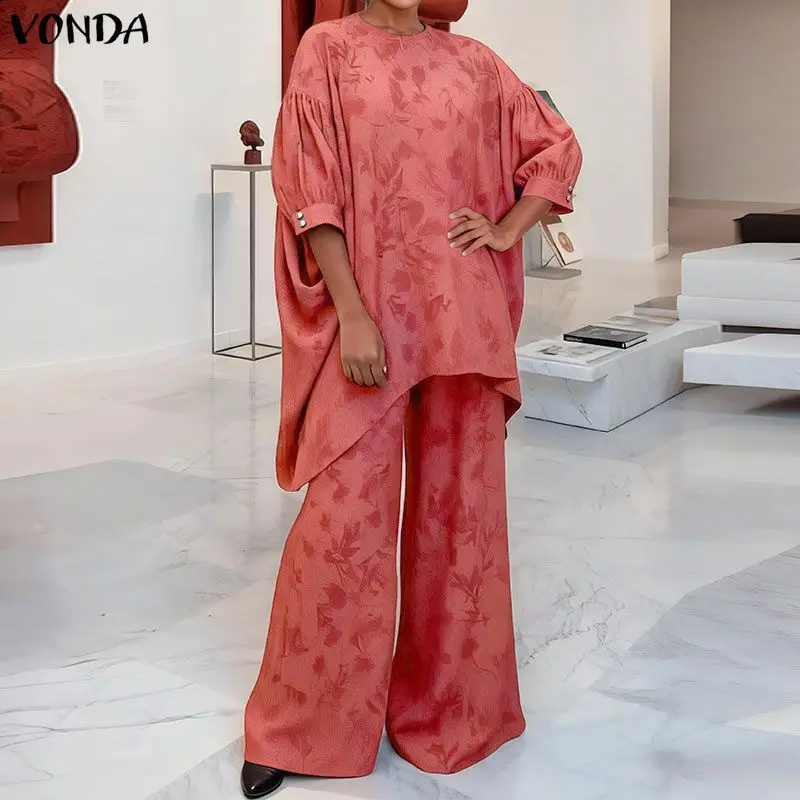 

VONDA Summer Autumn Women Plus Size Sets 2PCS Elegant Print Loose Tops Wide Leg Pants Two-piece Outfits OL Work Party Streetwear