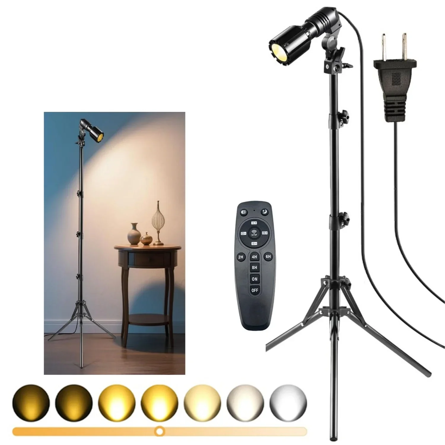 Bonito foco interior con trípode, lámpara de suelo con atenuación ajustable en altura de 12W con control remoto para sala de estar, dormitorio, obra de arte