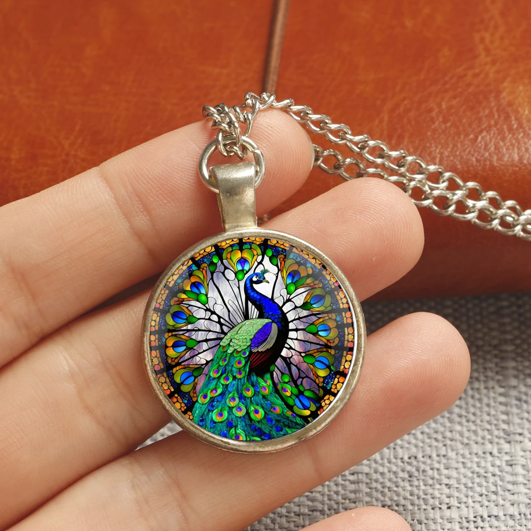 Creative Peacock design Glass Dome Handmade Chain Pendant Necklace For Men And Women Jewelry Accessories Birthday Gift