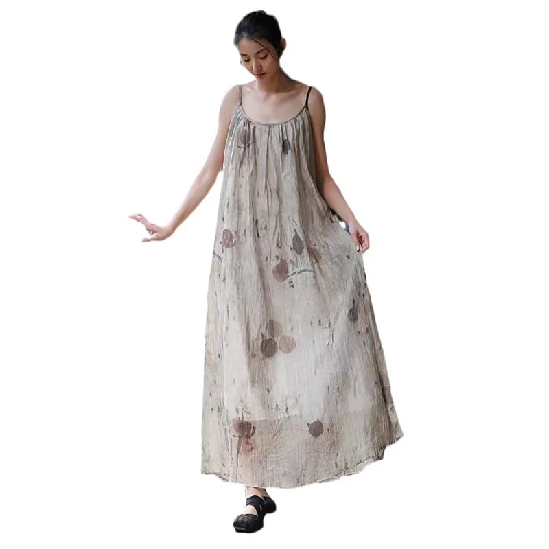 2025 Spring/Summer New Large Swing Skirt with Leaf Dyeing, Plant Dyeing, Tencel Wrinkle Strap Skirt, Clear Cold Wind Skirt