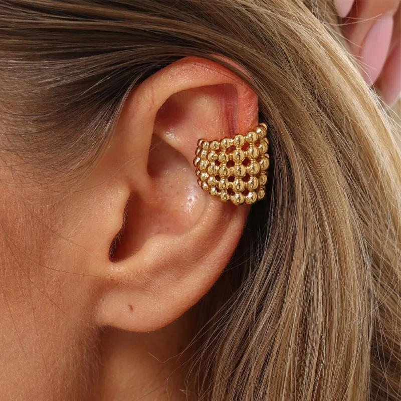 1PC Shiny Delicate C‑Shape Stainless Steel Clip Earrings for Women No Piercing Multi‑Layer Beaded Chain Elegant Hollow Jewelry