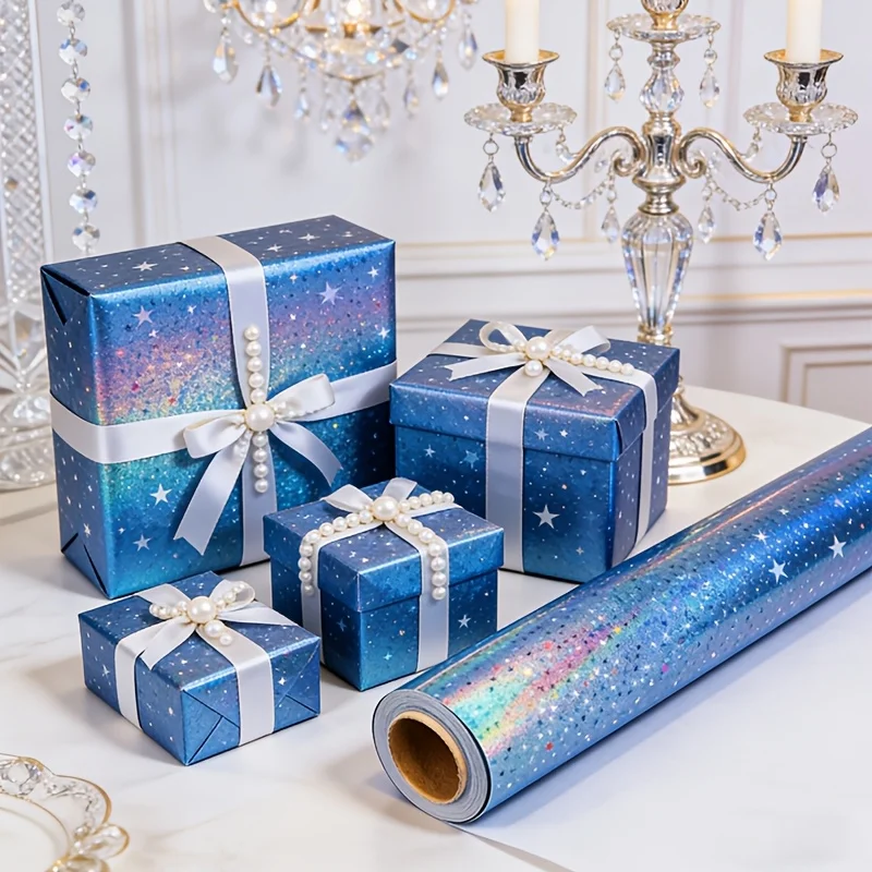 Blaues Farbverlauf-Stern-Geschenkpapier, Holografischer Stern. Für Geburtstage, Abschlussfeiern, Hochzeiten, Babypartys und Themenpartys