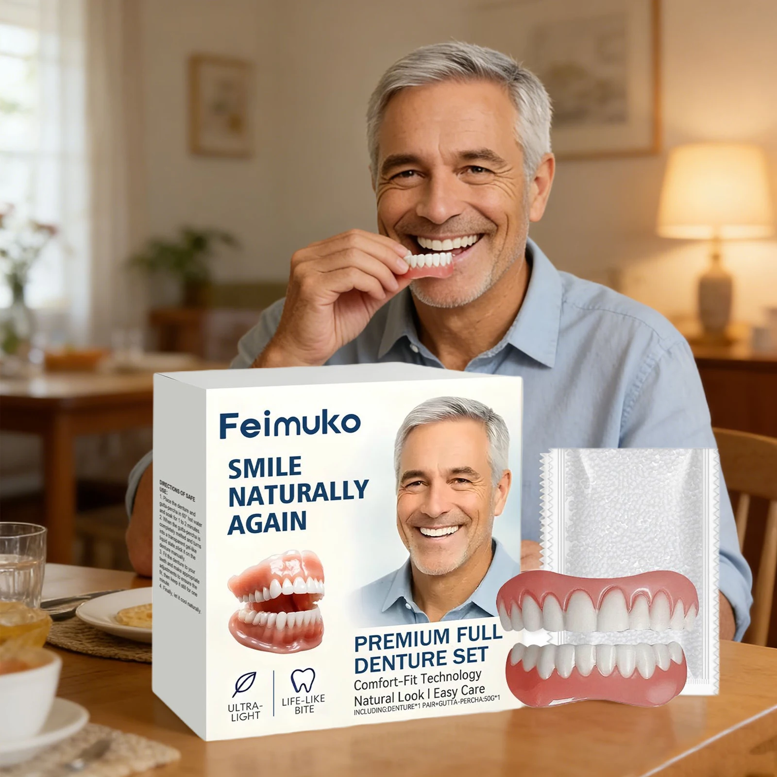 Prothèses Dentaires Complètes Naturelles Supérieures et Inférieures en Silicone pour Hommes et Femmes – Confiance Instantanée, Dents Artificielles, Soins d'Hygiène Buccale