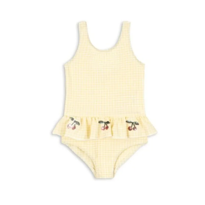 Girls Swimsuits One-Piece Swimsuit Cherry Sequin Plaid Print 2026 Summer Kids Bathing Suit Beach Swimwear Baby Beachwear