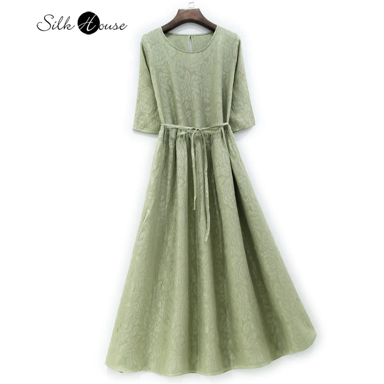 

2023 New Mulberry Silk Guanle Crepe Medium Length A-line Solid Color Large Swing Women's Fashion Dress