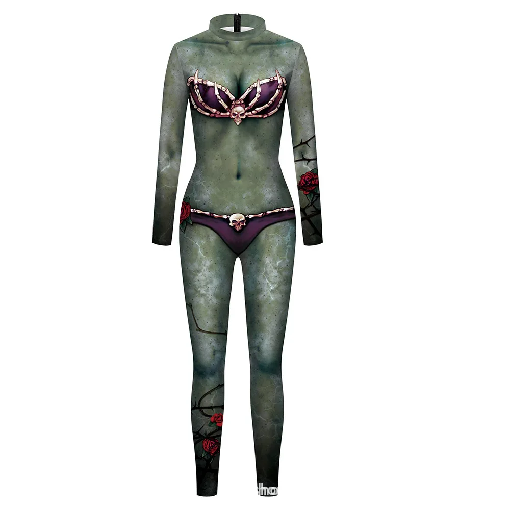 Halloween Sexy Damen Kostüm mit Digitaldruck, Karneval Bodysuit mit Reißverschluss, Party Cosplay Jumpsuit Outfit – Detail 32