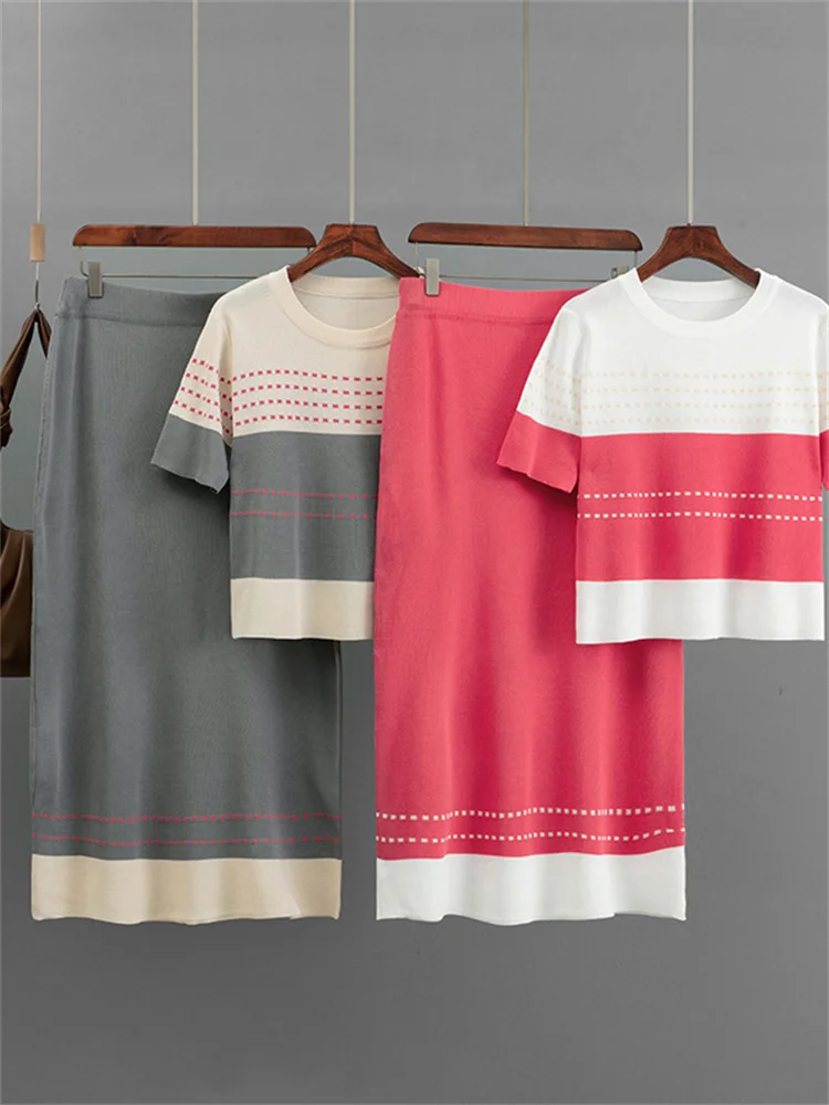 Fashion Knitted Set Women's Summer Color Contrasting Short Sleeve Top Half Skirt Two Piece Set
