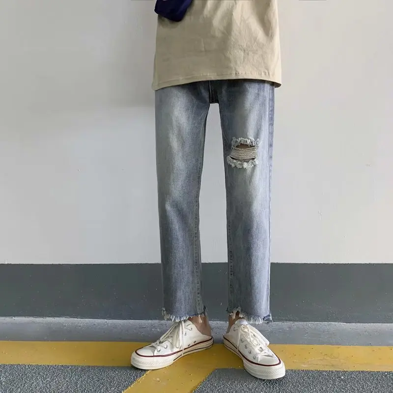 

Men's Ripped Denim Jeans Summer Thin Hong Kong Sle Trendy Loose Straight Leg Casual Nine-Piece Pants Straight Foot Jeans