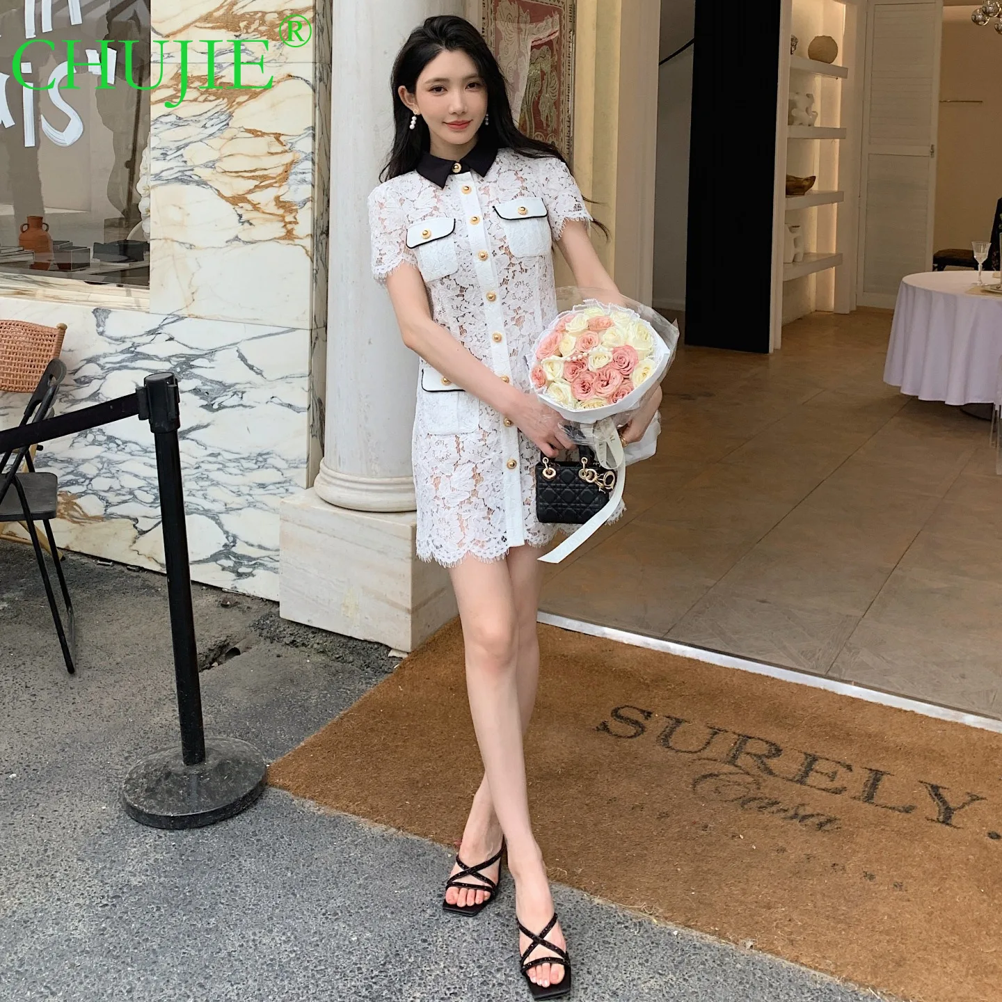 

CHUJIE Новое женское белое лоскутное платье с кружевной отделкой в винтажном стиле во французском стиле с цветными блоками и короткими рукавами с отложным воротником