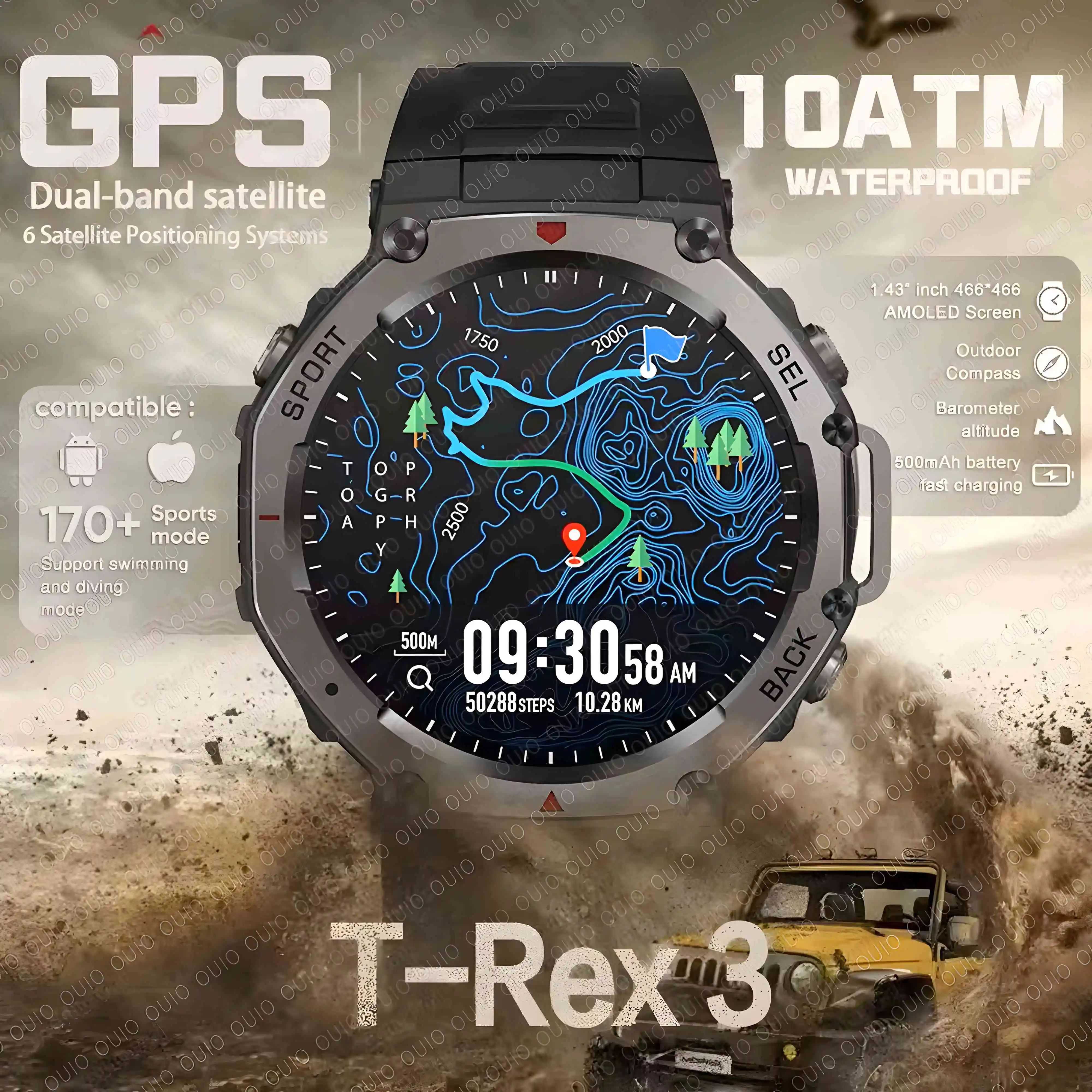 

T-Rex 3 GPS Компас Смарт-часы 10 АТМ IP69K Водонепроницаемые часы Высотомер Вызов Военные спортивные умные часы Мужчины для браслета HUAWEI