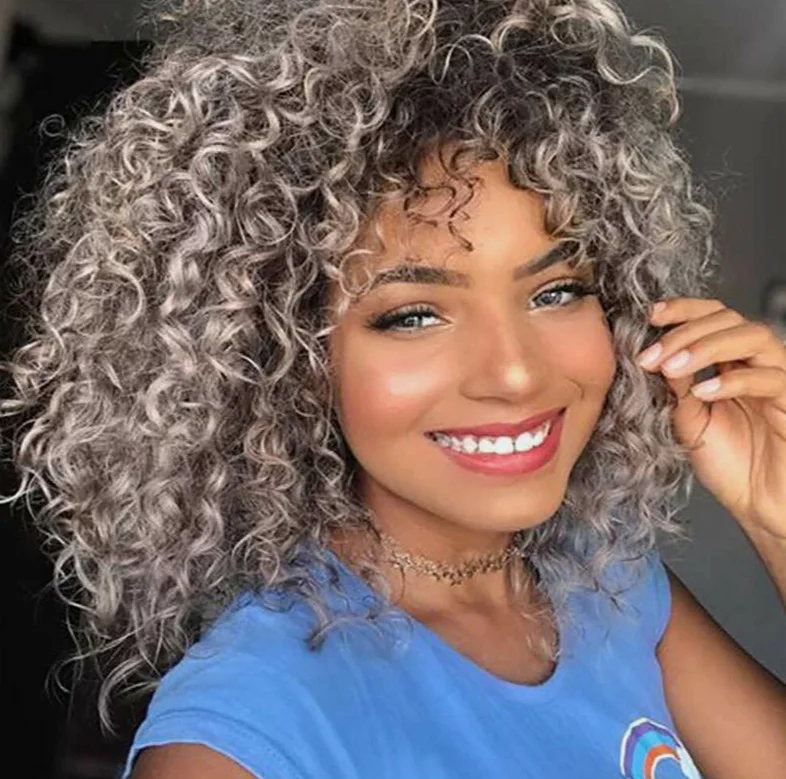 Afro corto rizado sintético medio completo Bob pelucas Ombre peluca de pelo gris peluca llena EE. UU.