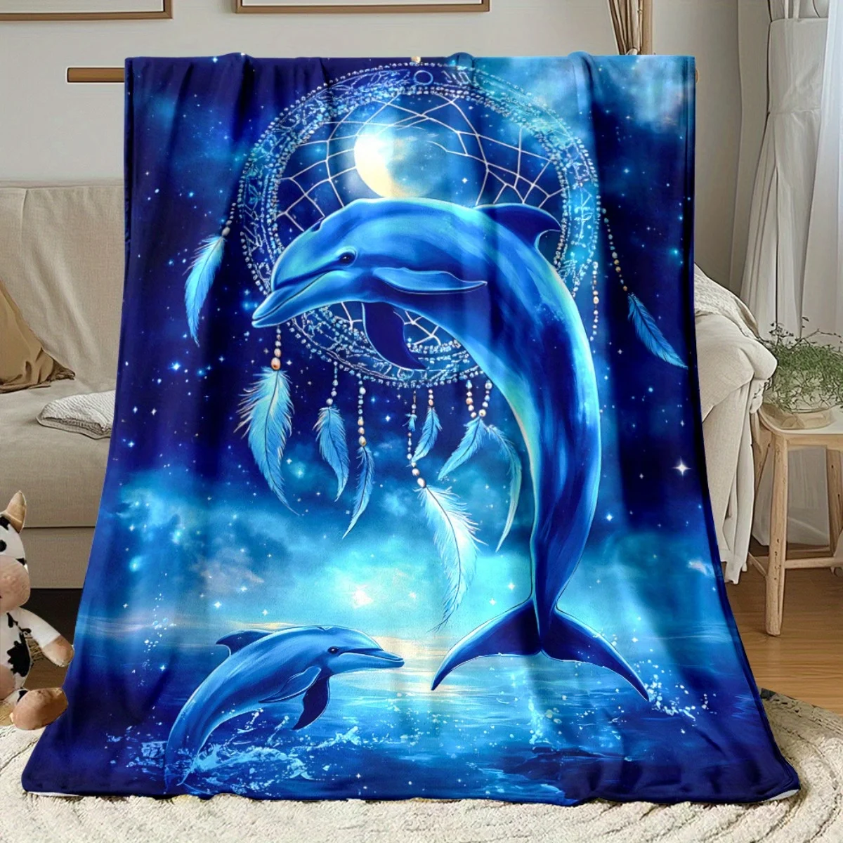 Lightweight Flannel Blanket Featuring a Dolphin in a Starry Ocean Setting, Perfect for Home Decor. Ideal for Use on Sofas, Beds,