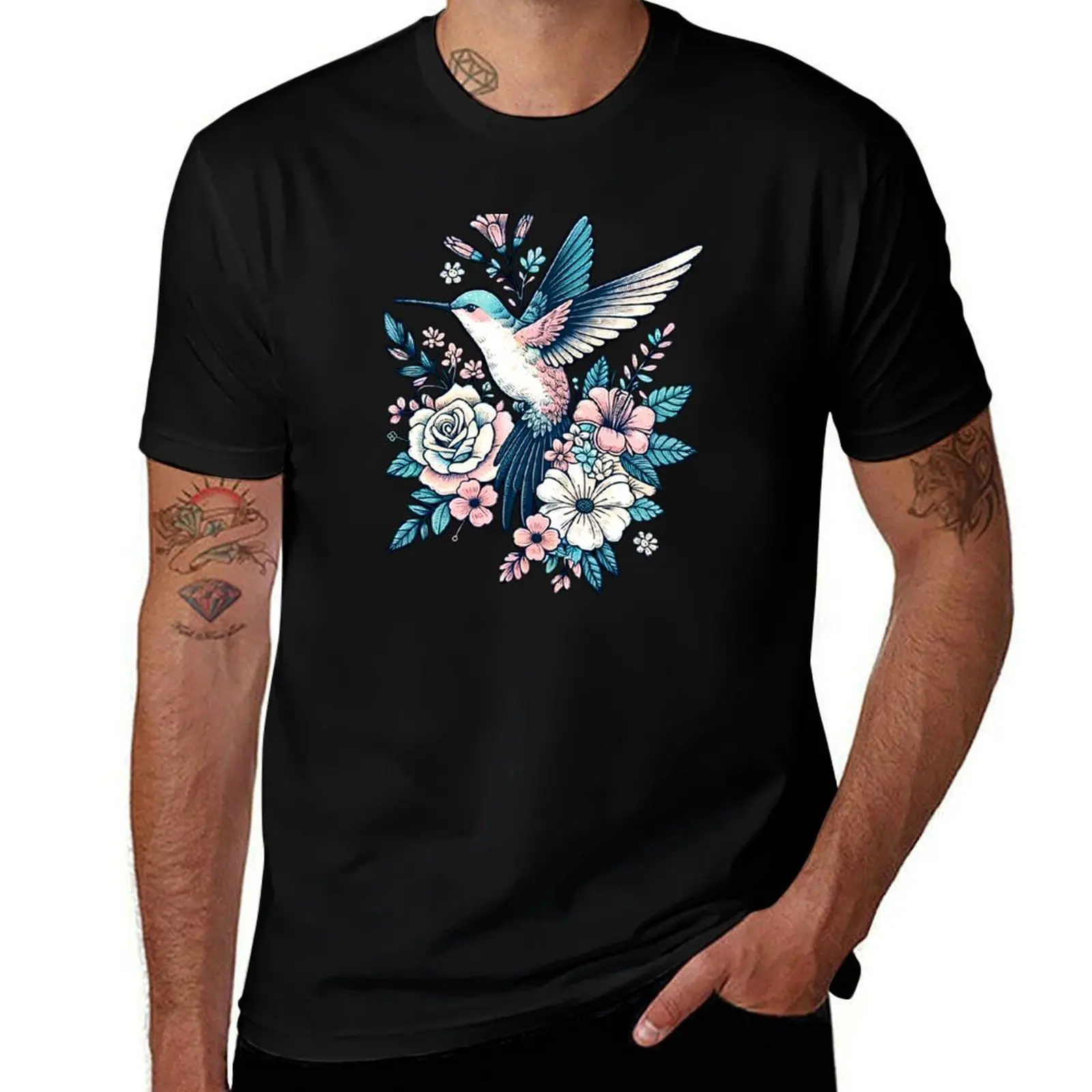 

Beautiful Pastel Hummingbird with Floral Bouquet artwork. T-Shirt custom t-shirts sports fans clothes Men's cotton t-shirt