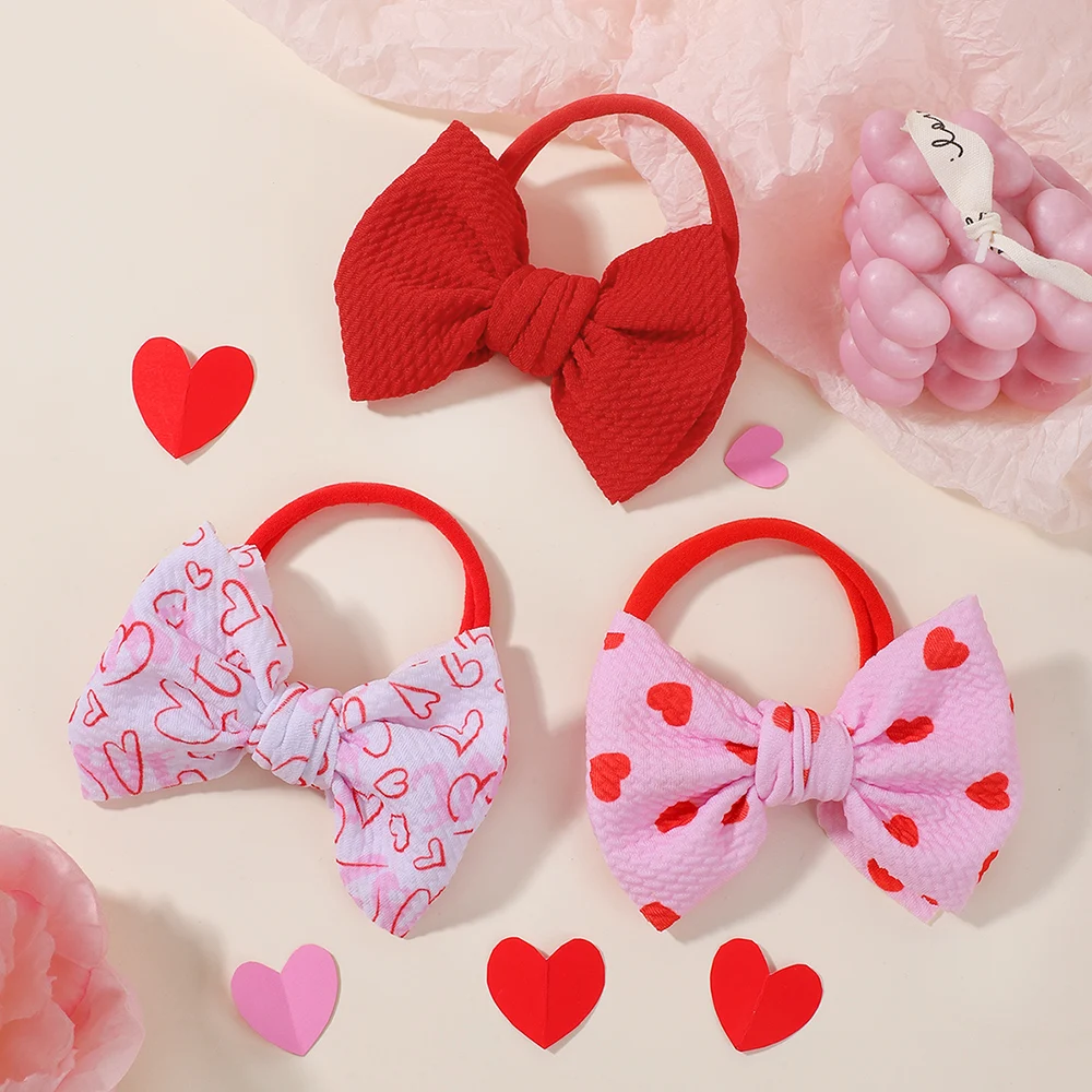 

3pcs/set Valentine's Day Heart Print Bows Headbands for Baby Girls Sweet Soft Elastic Bowknot Hairbands Hair Ties Rubber Bands