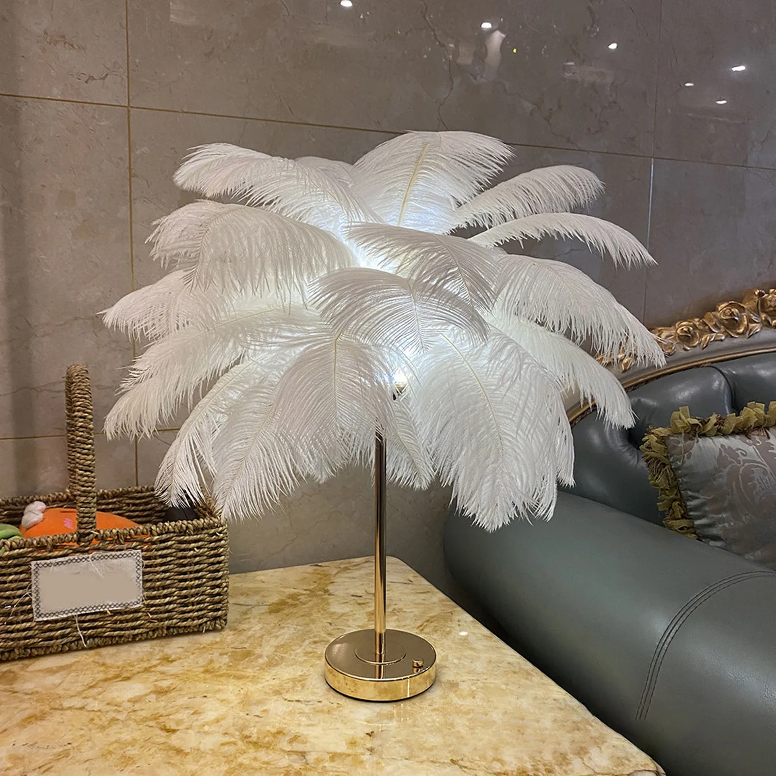 

Ostrich Feather Table Lamp Rechargeable Modern Romantic Decoration Lamp Bedroom Bedside Lamp for Home Decoration