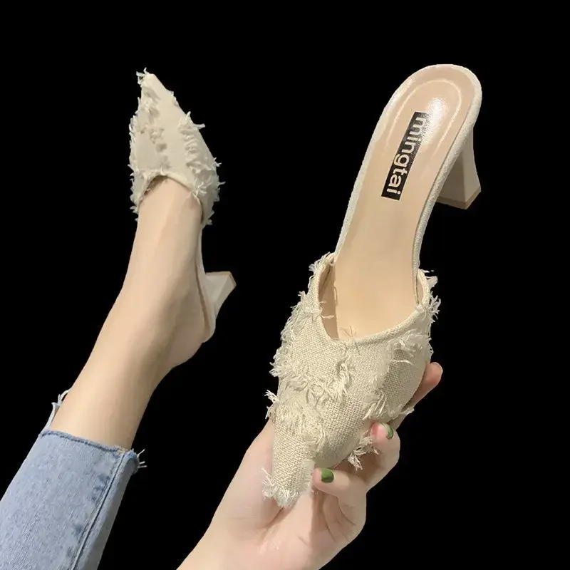 Indoor Outside Off White Shoes for Women Job Sandals Woman Slippers Mules Furry Heeled Sexy Pointed Toe Slides Wholesale W Eva F