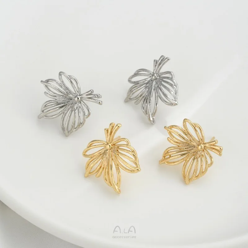 14K Gold Color Hollow Maple Leaf Stud Earrings Leaf-shaped With Rings Hmade Di Earrings Ear Jewelry Accessories Materials