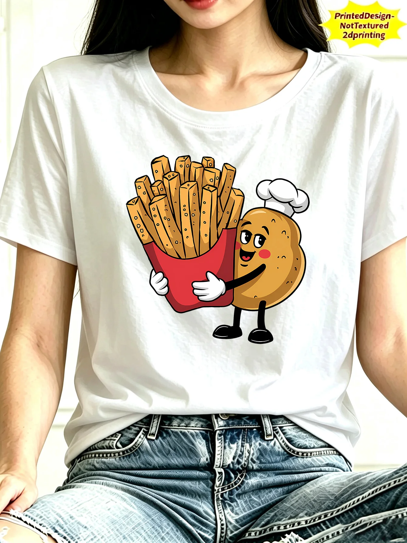 Women Crew Neck Tee Potato Chef Fries Graphic Print Short Sleeve Loose Ladies Summer Soft Cotton Plus Size Casual Street Top