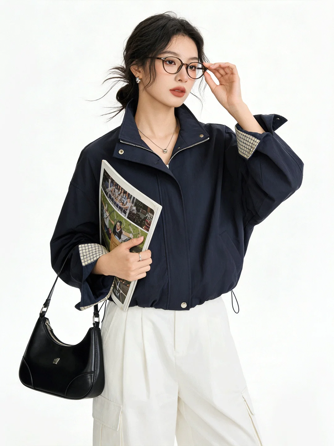 

Retro Academic Style Versatile Stand Collar Jacket Early Spring Slim Fit Plaid Casual Short Coat Korean Standard Size