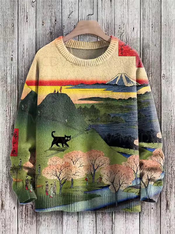 Retro Japanese Style Painting Cat Art Casual Print Knit Pullover Sweater Women For Men Sweater - Image 10