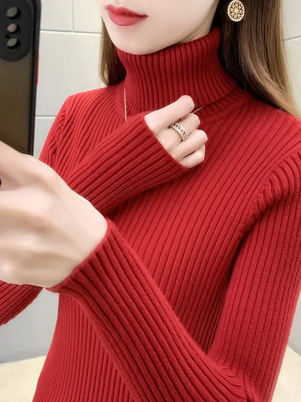 Suéter de Punto de Manga Larga con Cuello Alto ueso para Mujer, Estilo Nuevo de Otoño Invierno, Csa Interior Cálida y Fá...