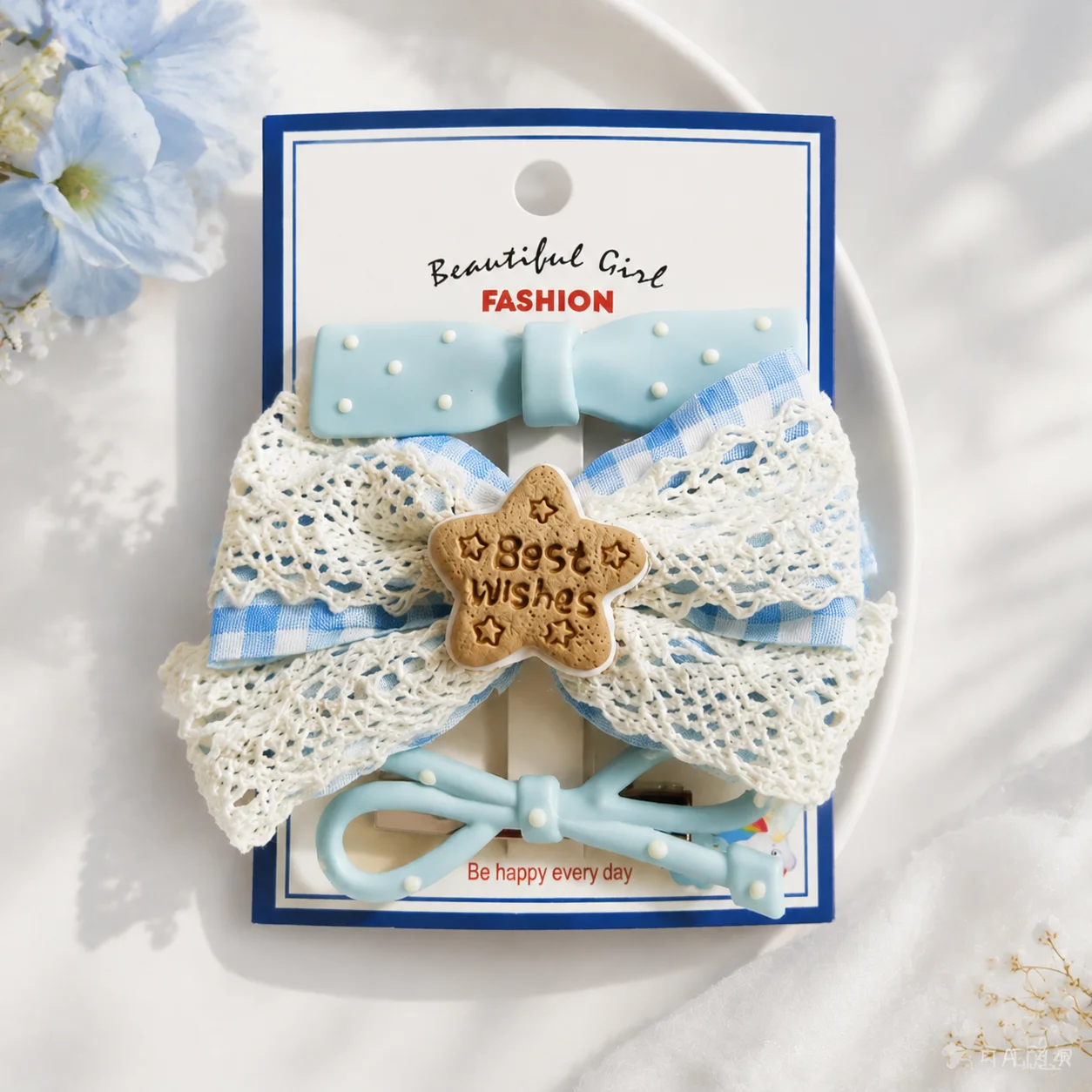 Girls Lace Bow Hair Clip Cute Blue Ribbon Barrette Fashion Accessories Sweet Style Headwear For Kids Women Daily Wear Choice