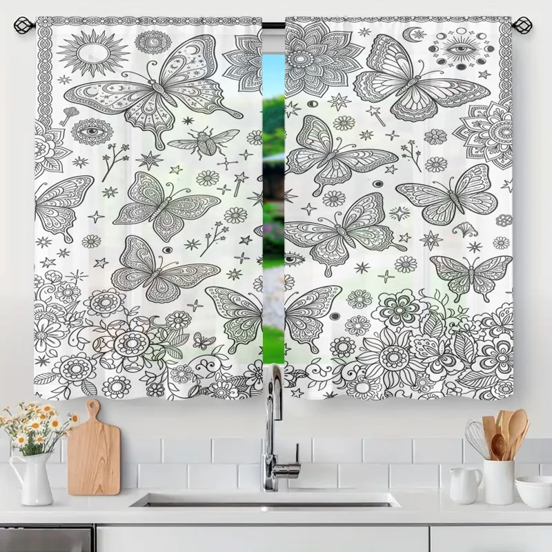 Bohemian Butterfly Floral Botanical Line Art Semi Sheer Curtain Panels Window Drapery for Kitchen Nursery Bathroom Home Decor