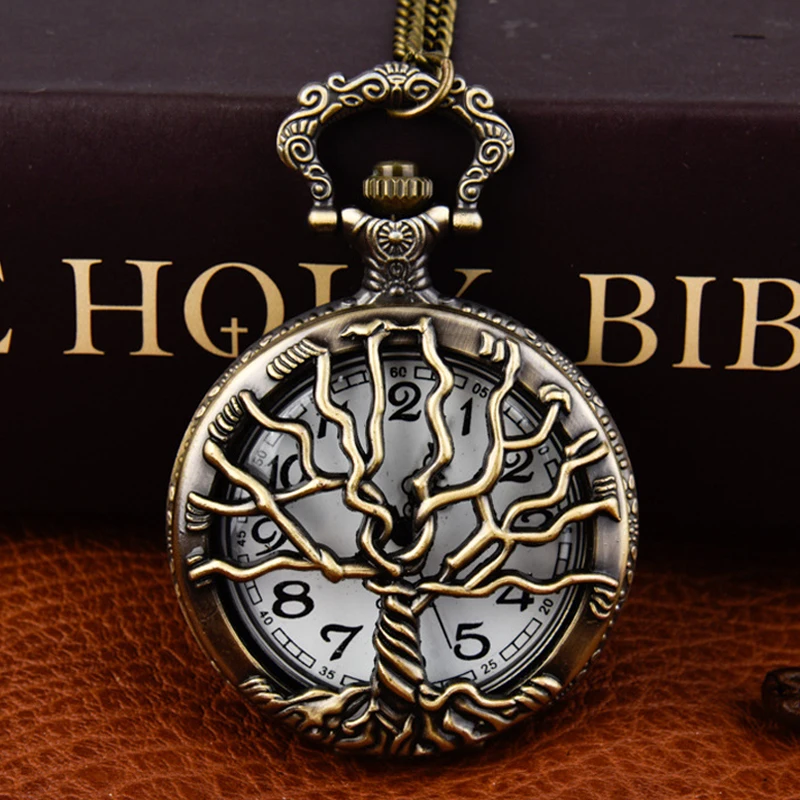 Vintage Luxury Skeleton Life of Tree Carving Quartz Pocket Watch for Men Women Engraved Fob Chain Bronze Clock for Collection