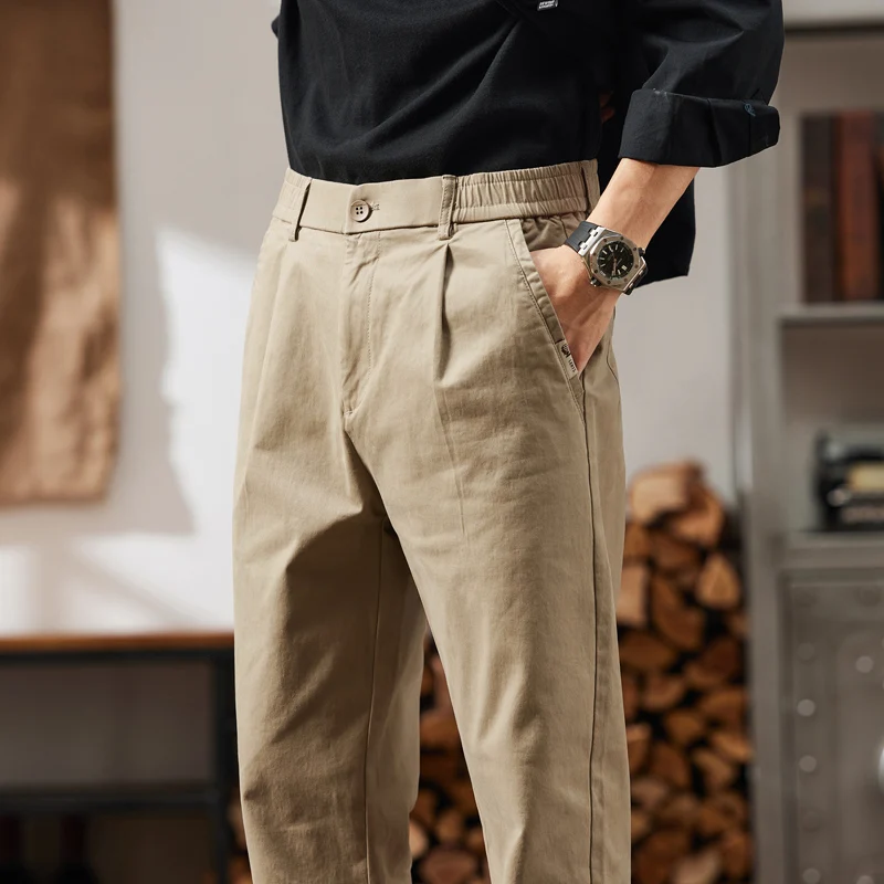 

Men Elastic Waist Cargo Pants New In Man Cotton Casual Pants Male Workwear Hombre Straight Trousers Male Big Size 28-38