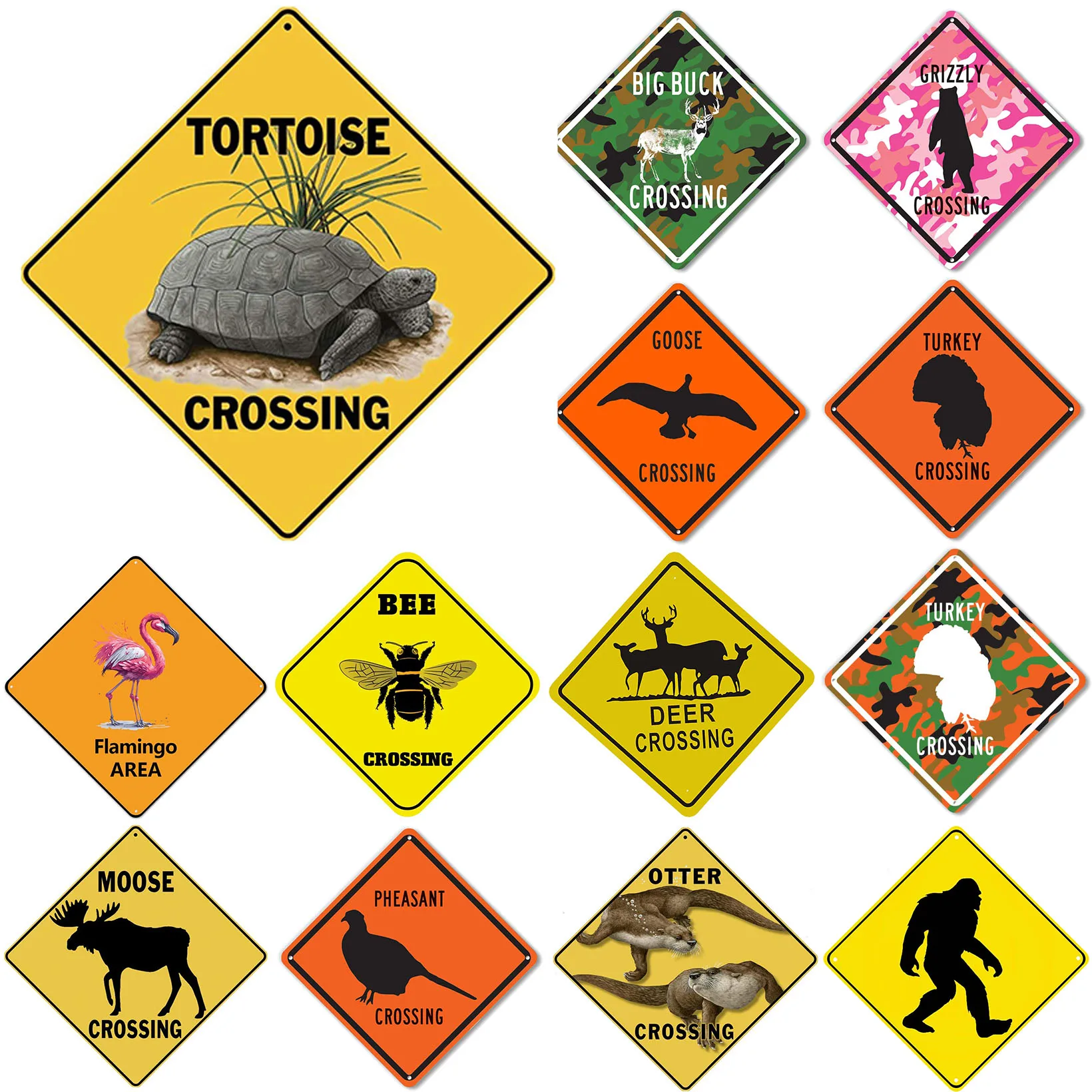 Animal Tortoise Xing Crossing Metal Tin Road Signs Aluminum Reflective Black on Yellow Metal Sign Weatherproof for Outdoor Use