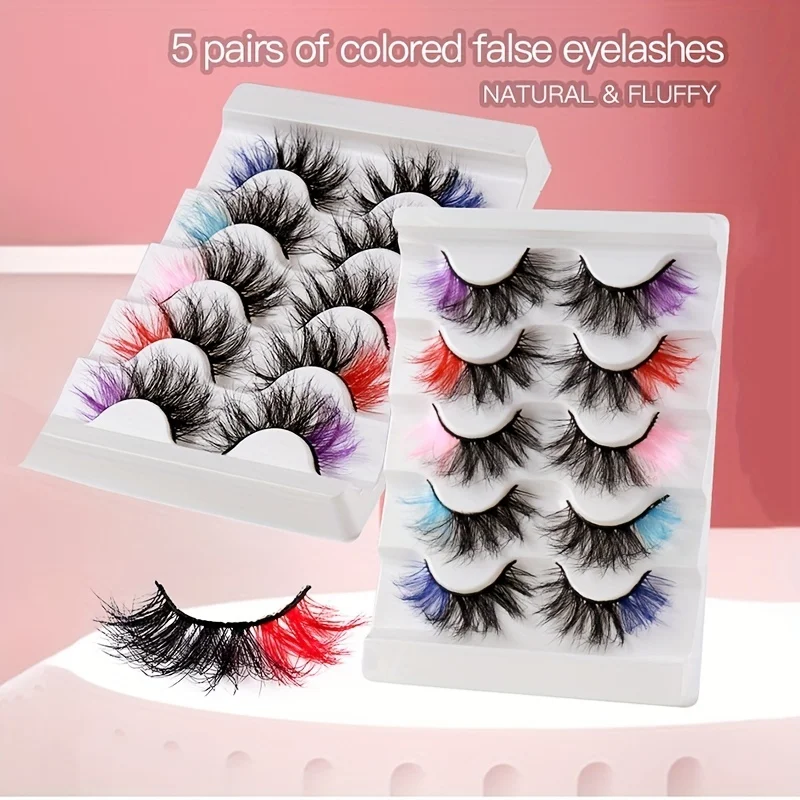 5 paar kleurrijke pluizige volledige valse wimpers, geschikt voor toneelfeesten, felle kleuren, licht en comfortabel