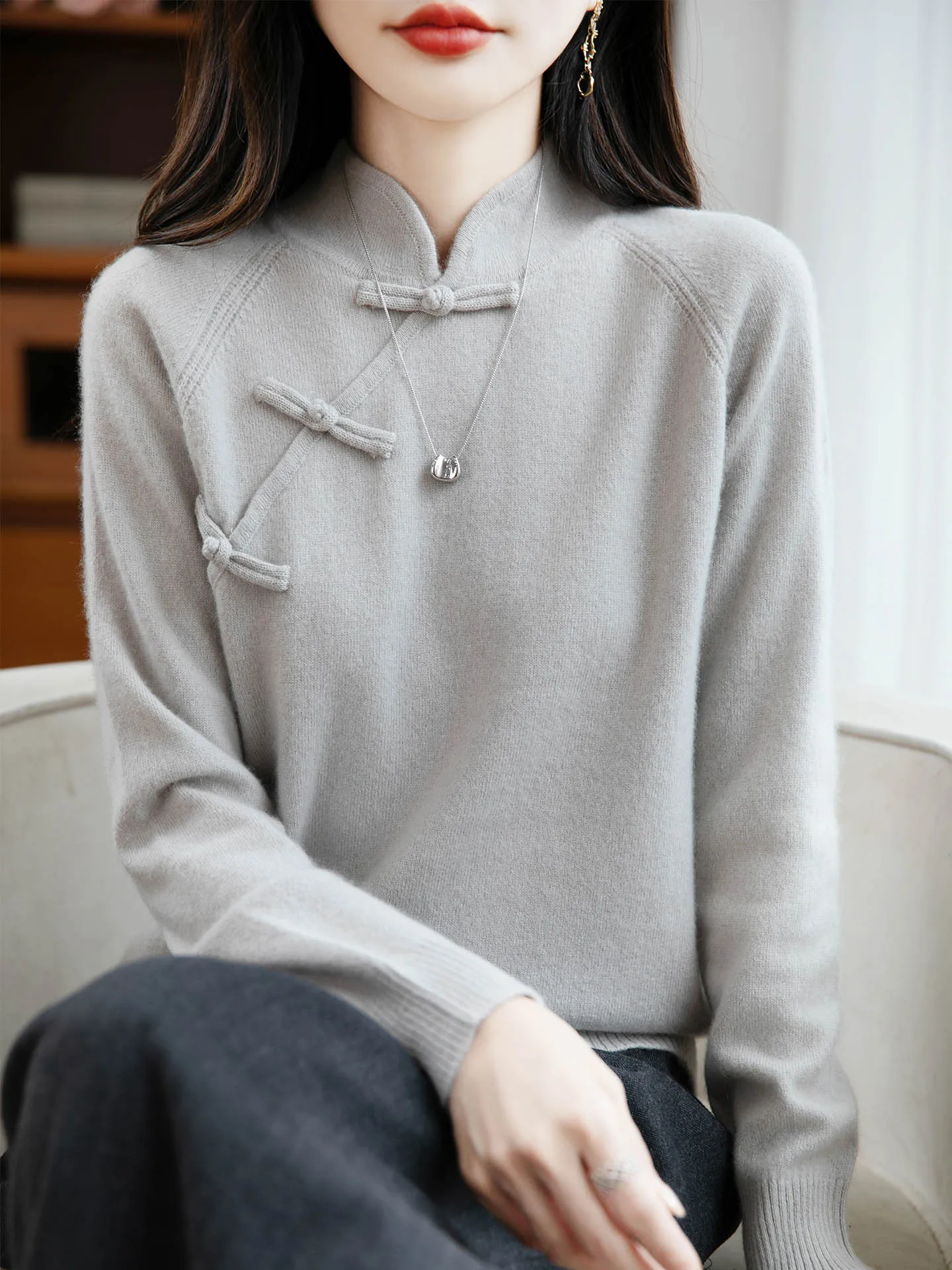 المرأة الجديدة 100% ميرينو رداء علوي من الصوف النمط الصيني متماسكة البلوز عالية طوق الخريف الشتاء الكشمير ملابس مريحة