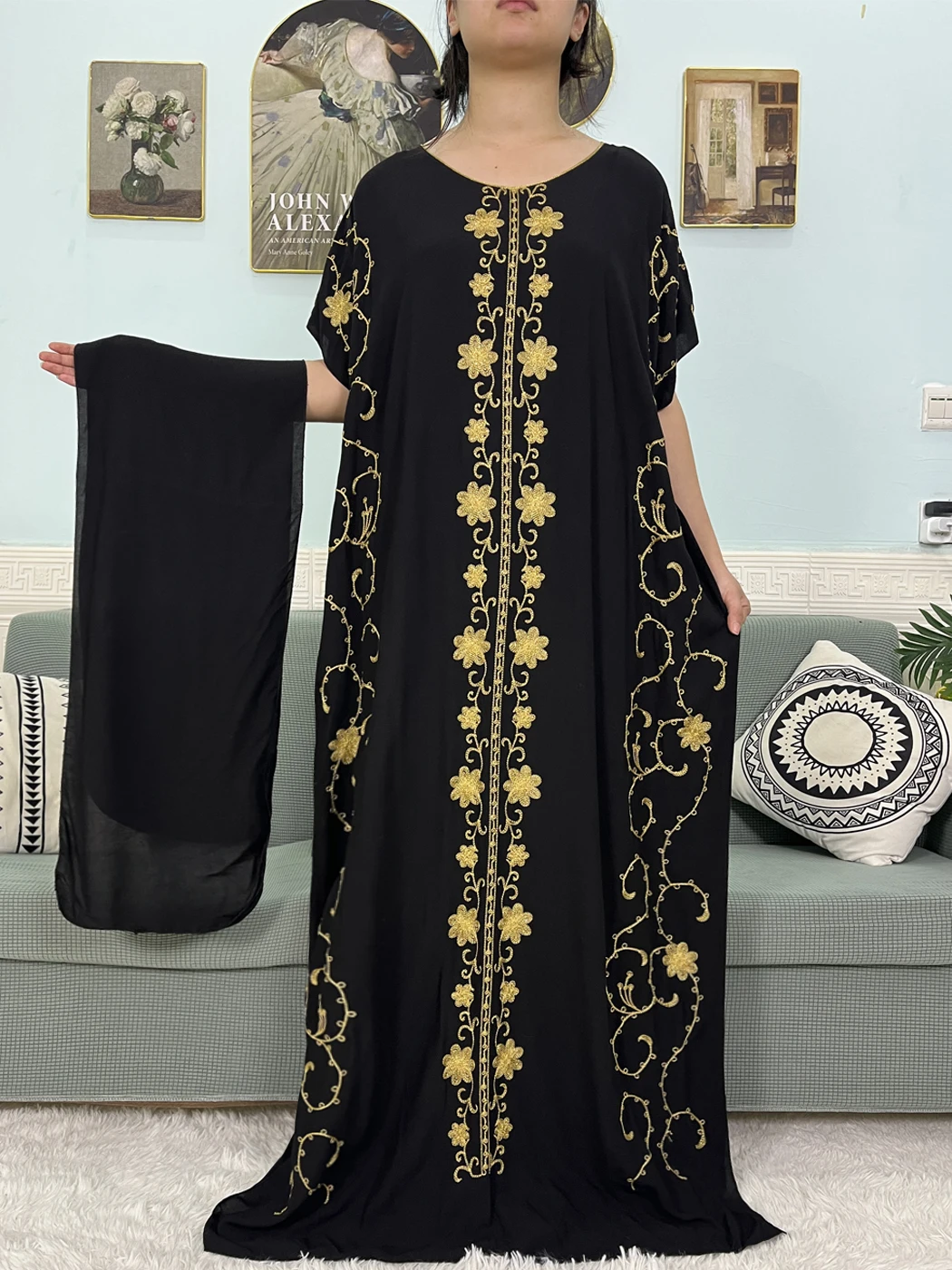 Muslim Traditional Appliques Abayas For Women Solid Color Maxi Femme Robe African Jalabiyat Ramadan Islam Dresses With Headscarf