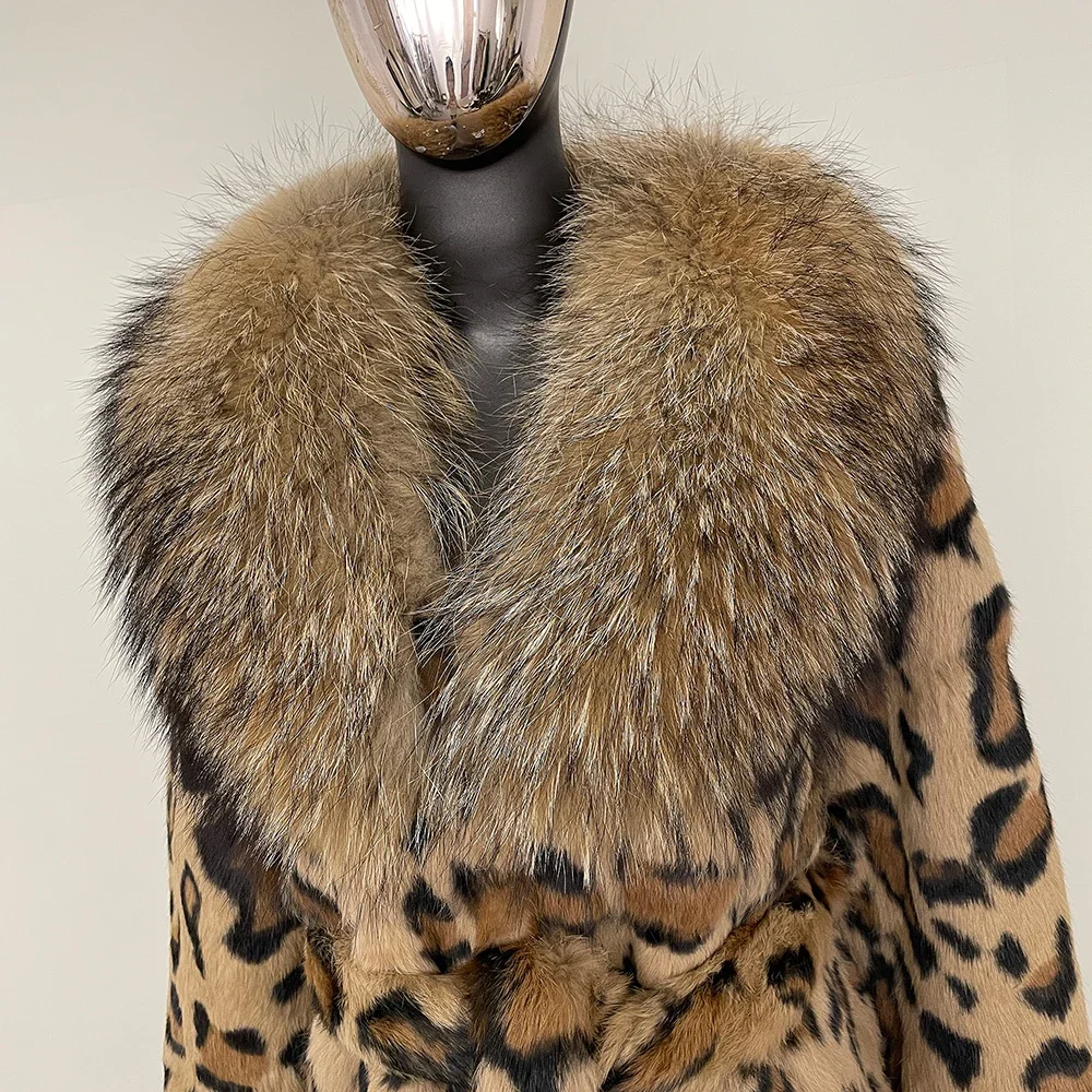 Fashionable Leopard Print Long Fox Collar Fur Jacket One-piece Thickened Warmth 2024 Autumn Winter Real Rabbit Fur Coat Women