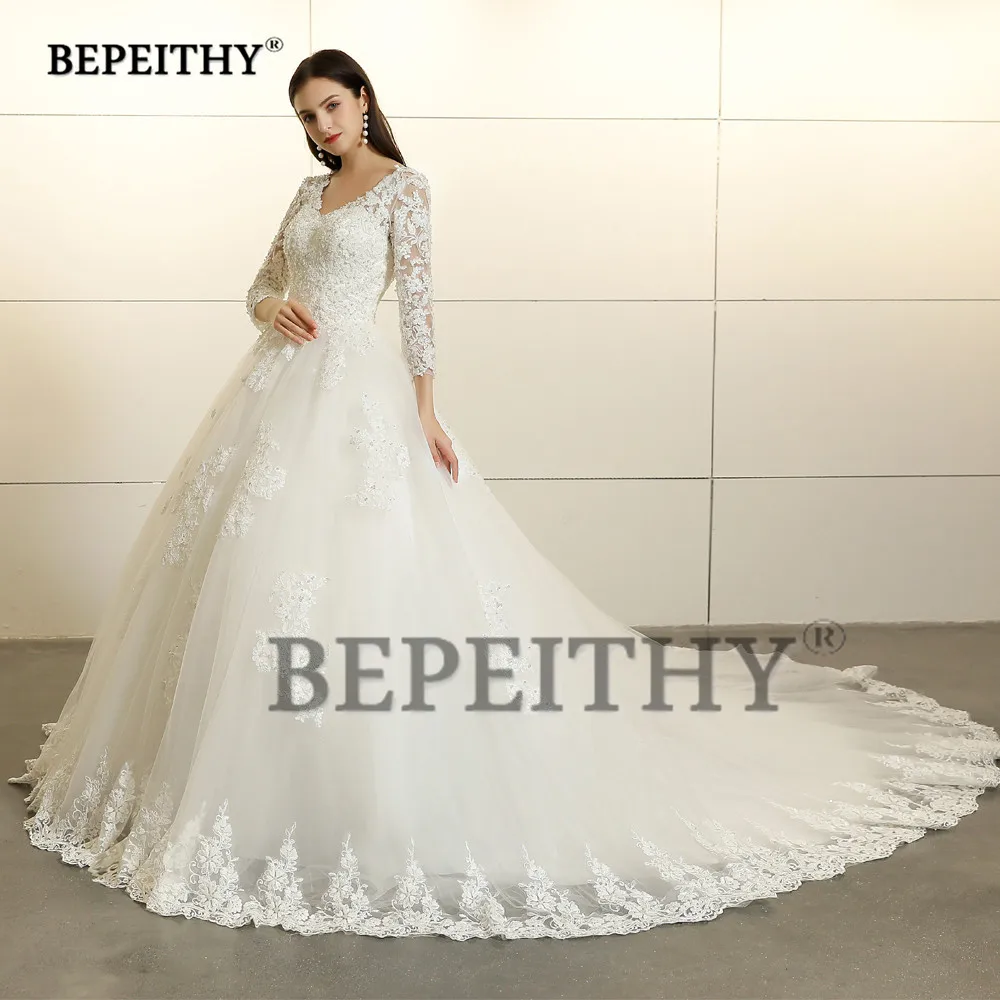 Vintage 2021 Ren Áo Cưới Tay Dài Đầm Vestido De Novia Triều Đình Đoàn Tàu Ren Cổ V Cô Dâu Đầm Hở Lưng Bóng váy Bầu