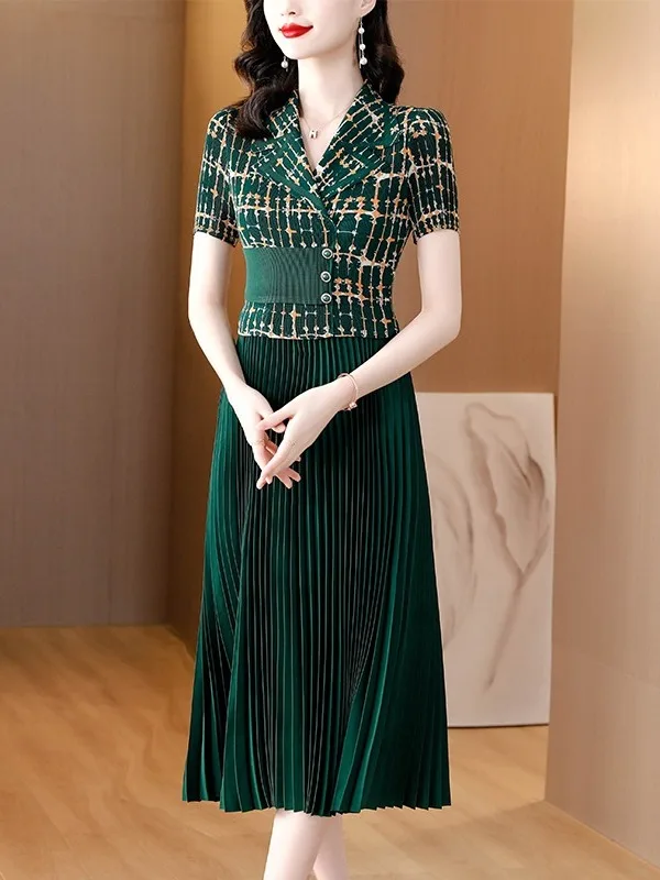 

Wrinkled Suit Collar Dr Ele Mommy Sle Plaid A-Line Skirt Waist-Cinching ort Sve Women's Faion Spring Summer