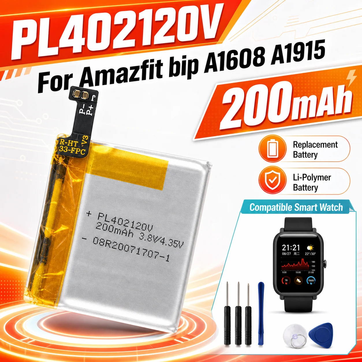 Smart Watch Replacement Battery PL402120V Rechargeable Li-Polymer Battery For Amazfit Bip A1608 A1915 Free Tool Kit