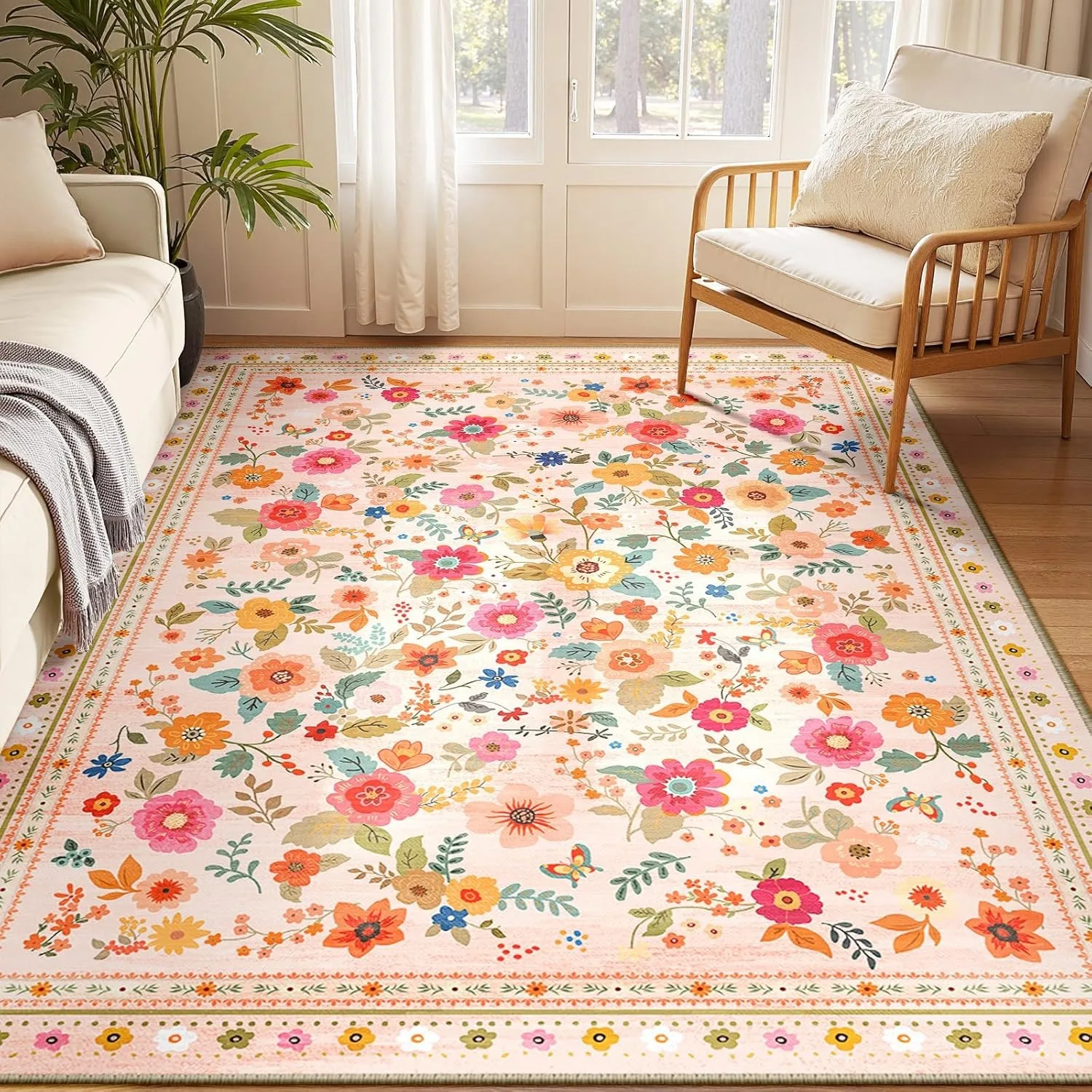 

Living Room Floor Mats Bedroom Carpet Floral Vintage Rug Machine Washable Non-slip and Soft Imitation Cashmere Bohemian Style