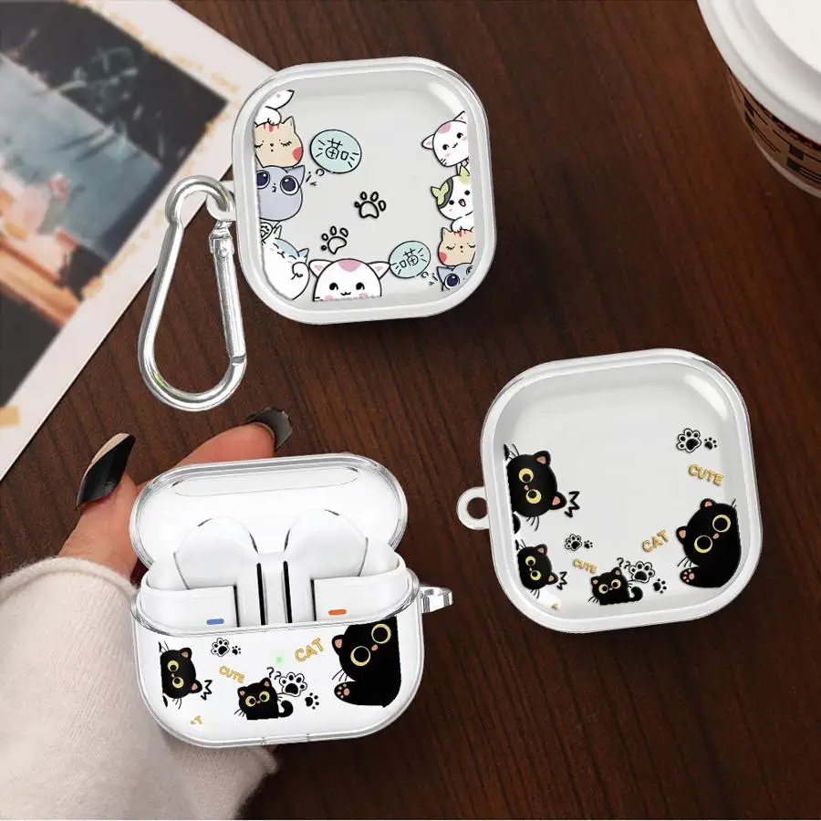 Hülle für Redmi Galaxy Buds 8Active 5 7 6 Pro 8 Lite 6Active, transparente Kopfhörerhülle mit Haken, Cartoon-Katze