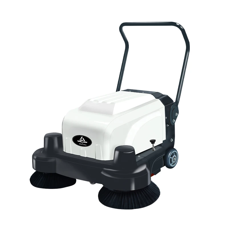 Electric hand-propelled industrial sweeper, factory floor sweeper, garage, site warehouse, vacuum cleaner.