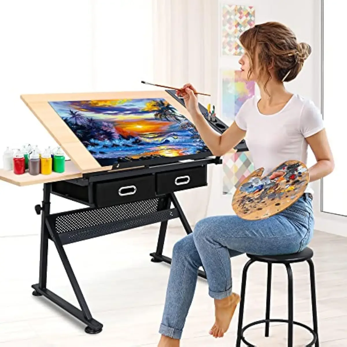 Adjustable Drafting Table with Tilting Desktop 0-45 Degrees Six Height Settings Sturdy Steel Frame MDF Top Padded Stool Side Tra