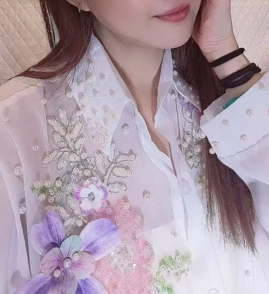 

Luxury Flowers Pearls Stitch White Chiffon Blouses Shirts Women 2025 Trend Long Sleeve Tops Camisas De Mujer Woman Clothes